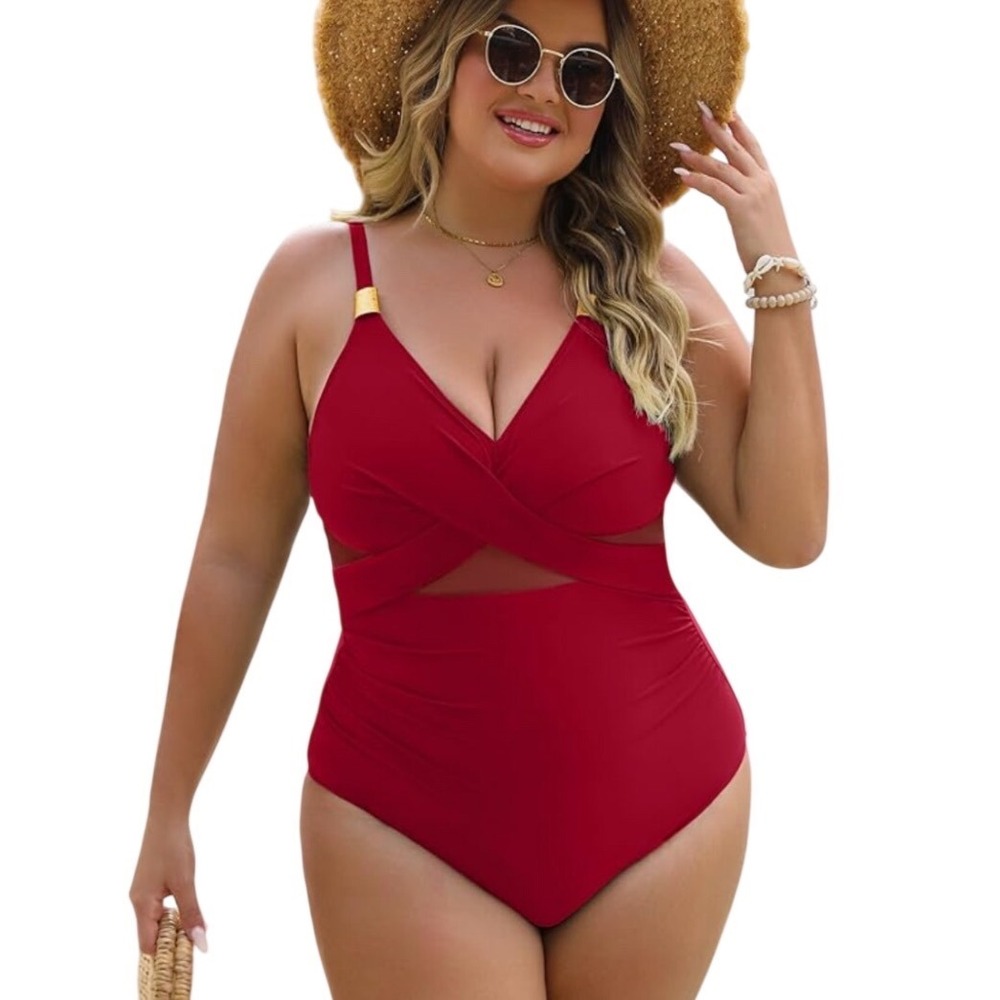 NWT! Viral Tummy‎ Control Blooming Jelly Red One Piece Swimsuit Mesh Ruched XXL